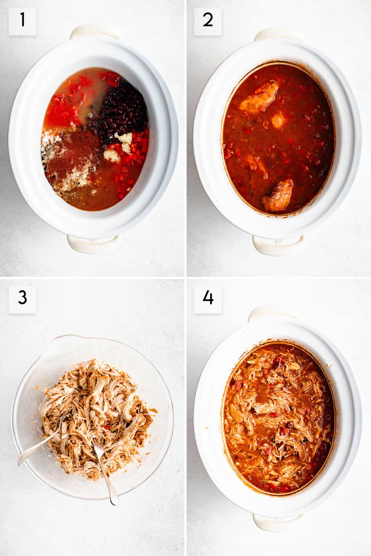 four panel collage image showing the process of making red chicken chili 
