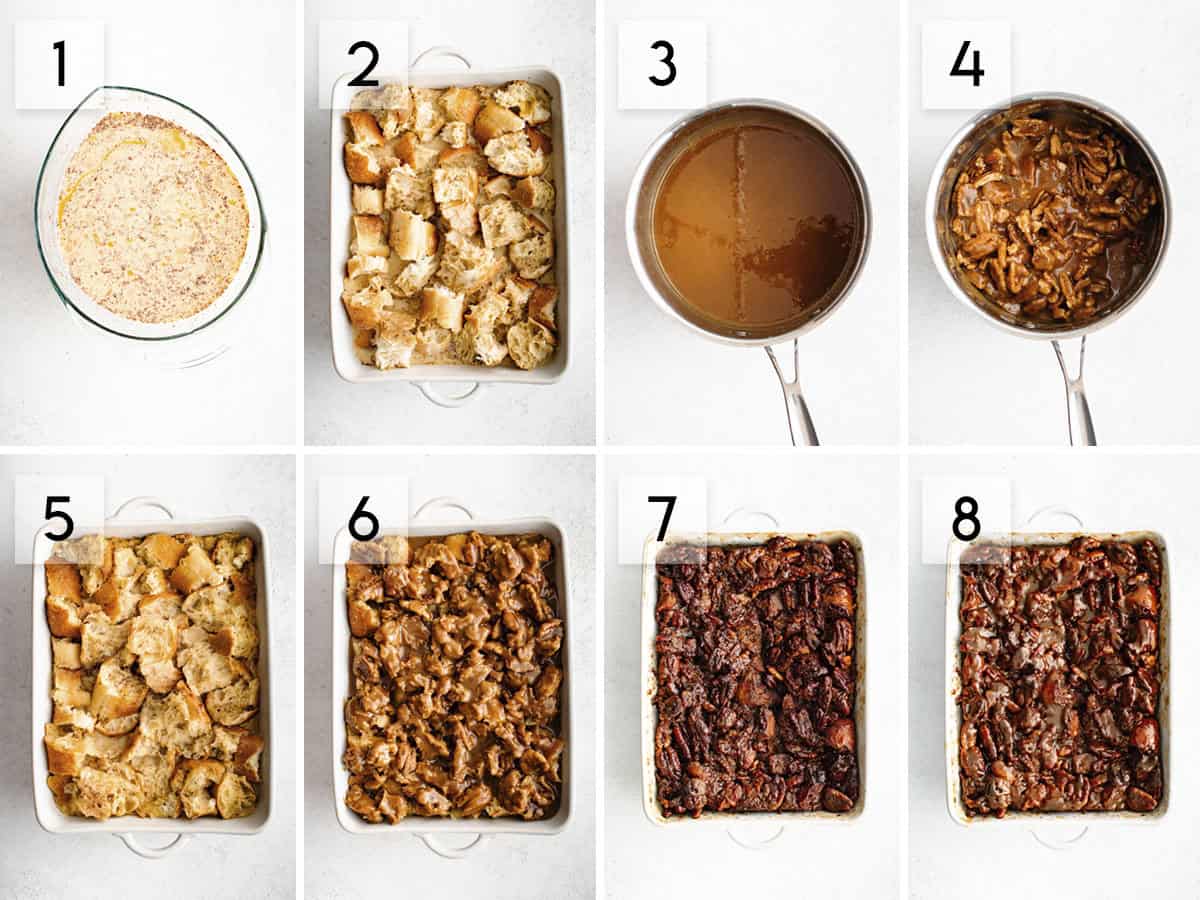 eight panel collage image showing what the process of making sticky bun French toast casserole should look like at different phases of preparation