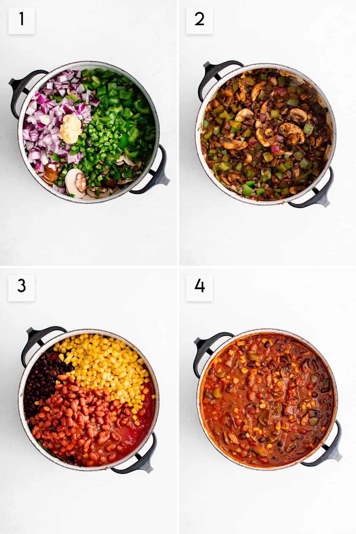 four panel collage image showing what the process of making vegetarian chili should look like at different stages of preparation